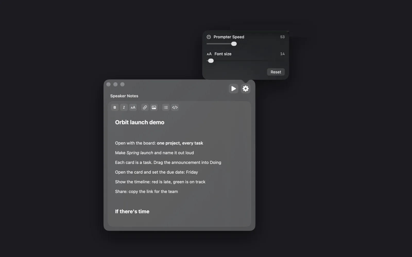 The settings popover open above the gear of the Speaker Notes window: Prompter Speed at 53, Font size at 14 and a Reset button, with the notes below shown at the smaller size