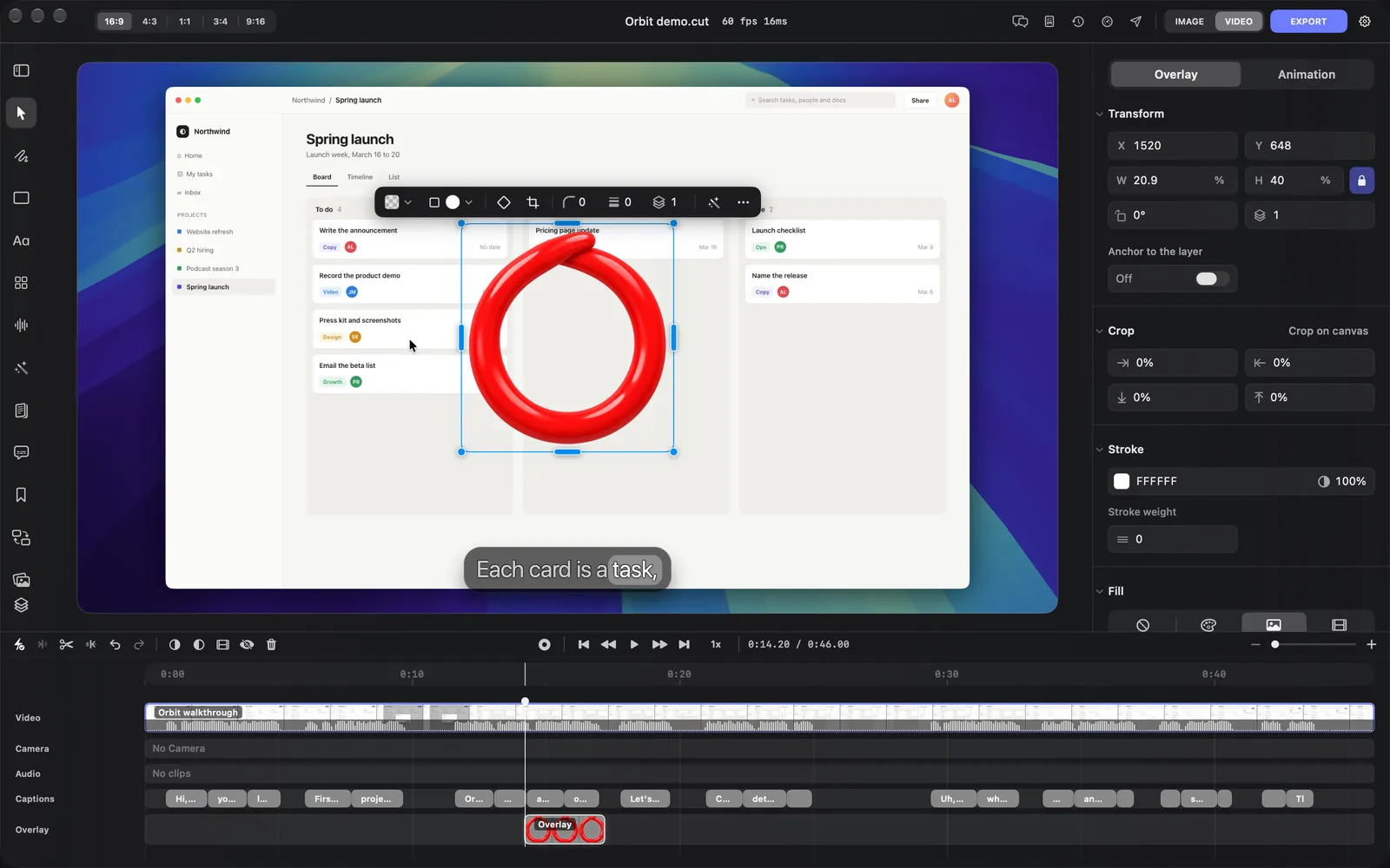 The Red Circle cut-out selected on the canvas with its toolbar above it, its clip on the Overlay lane at the playhead, and the inspector's Overlay tab showing Transform, Crop, Stroke and Fill