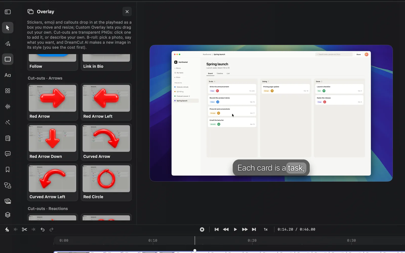 The Overlay panel at Cut-outs · Arrows, with the cards Red Arrow, Red Arrow Left, Red Arrow Down, Curved Arrow, Curved Arrow Left and Red Circle, between the last Cut-outs · Buttons cards and Cut-outs · Reactions