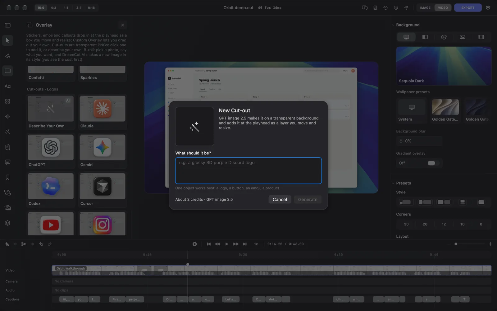 The New Cut-out sheet over the editor, with an empty What should it be? box, About 2 credits · GPT image 2.5 at the bottom left, Cancel, and Generate greyed out