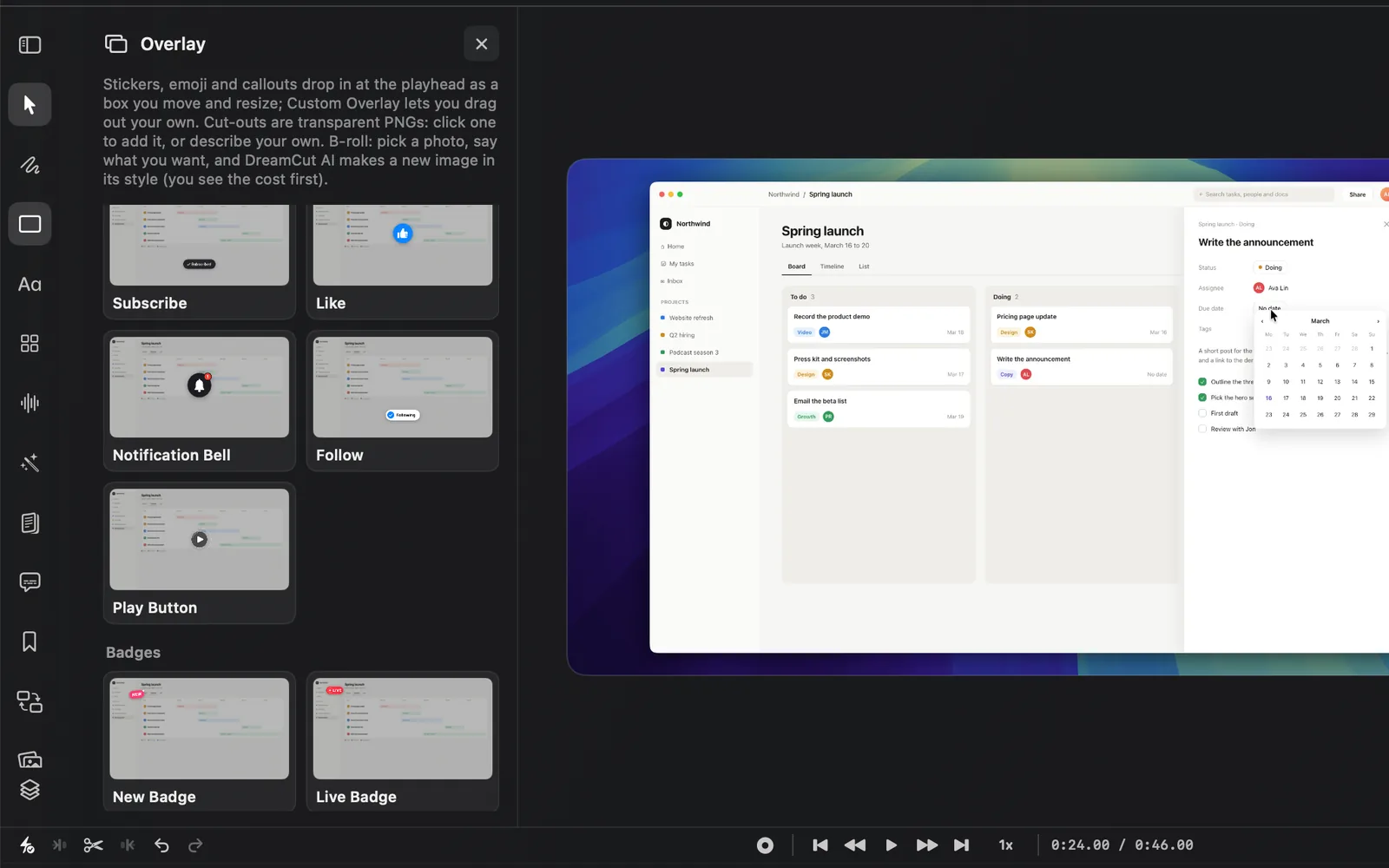 The Overlay panel showing the sticker cards Subscribe, Like, Notification Bell, Follow and Play Button, then New Badge and Live Badge under Badges