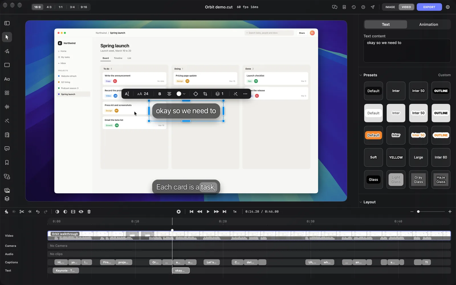 A plain text layer reading okay so we need to, selected in the middle of the canvas with its toolbar above it, and the inspector's Text tab showing Text content and the Presets grid from Default to Haze Glass