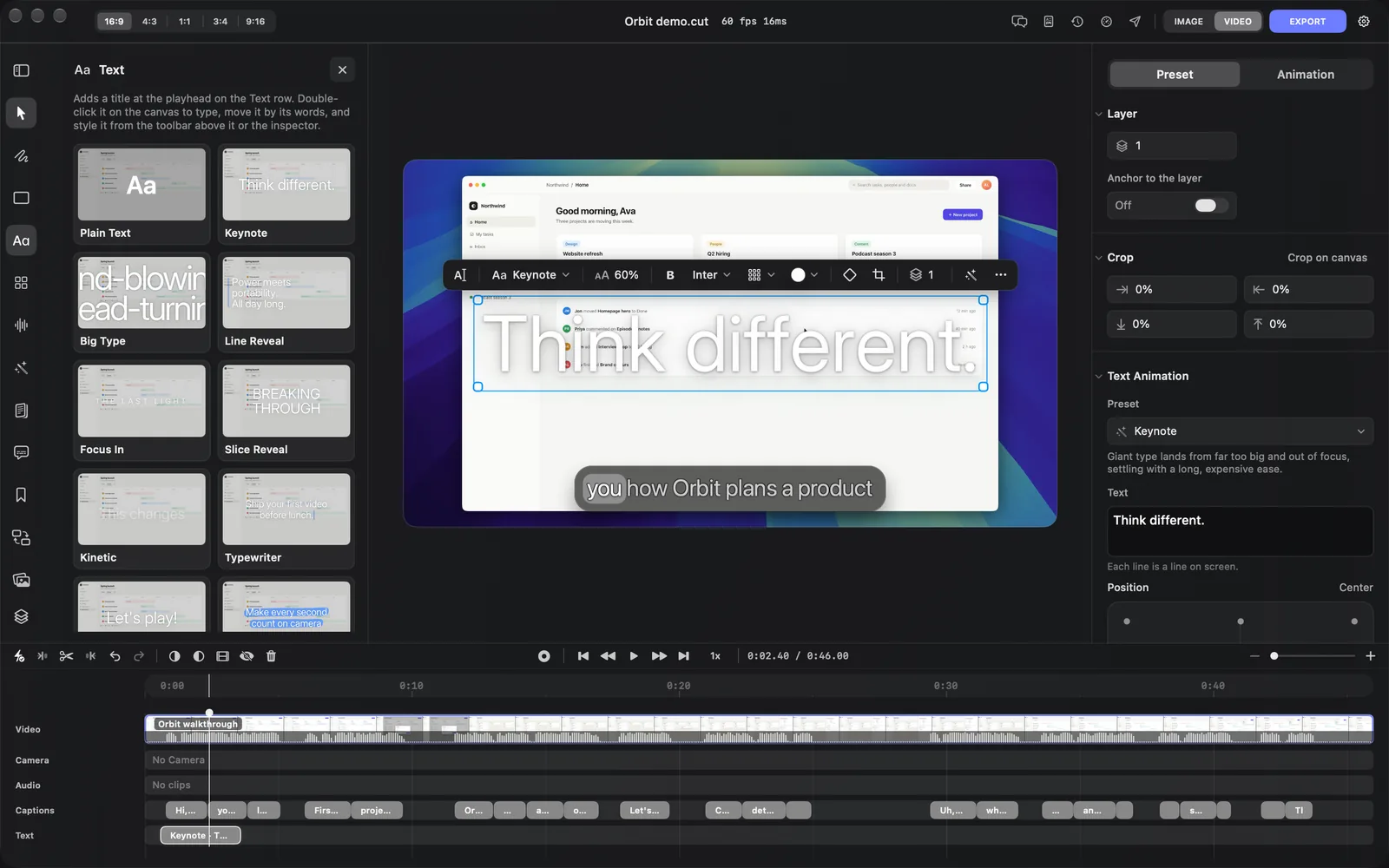 A Keynote title reading Think different. selected on the canvas, with the Text panel open on the left and the title's toolbar showing Keynote, 60% and Inter; the inspector's Preset tab shows Layer, Crop, then Text Animation with Preset Keynote, its one-line description, Text Think different. and Position Center