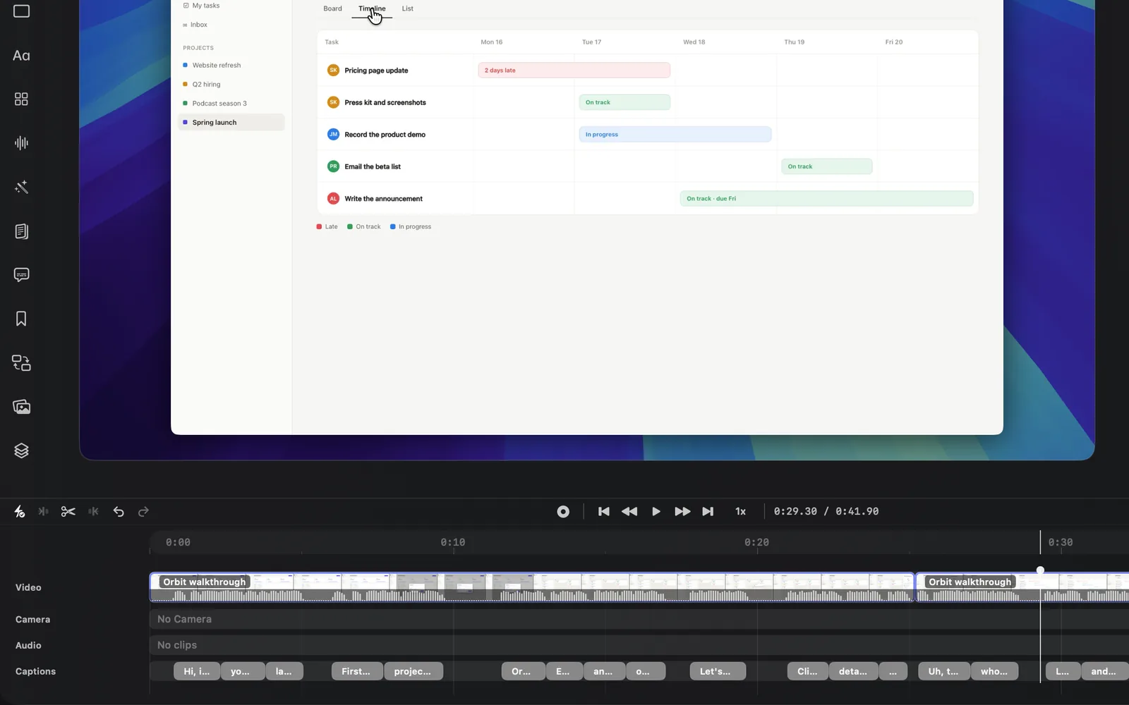 The timeline after the cut: the recording in two pieces on the Video lane, the readout at 0:29.30 / 0:41.90, and the Camera, Audio and Captions lanes below