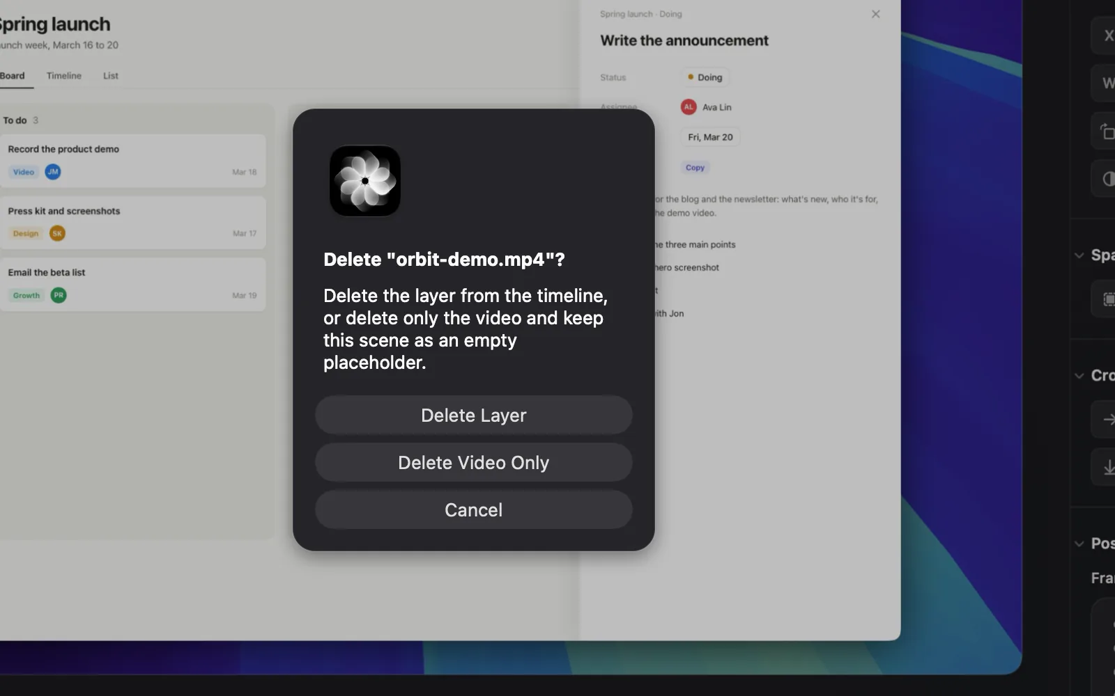 The dialog Delete "orbit-demo.mp4"? over the canvas, saying it can delete the layer from the timeline or only the video, keeping the scene as an empty placeholder, with three buttons: Delete Layer, Delete Video Only and Cancel