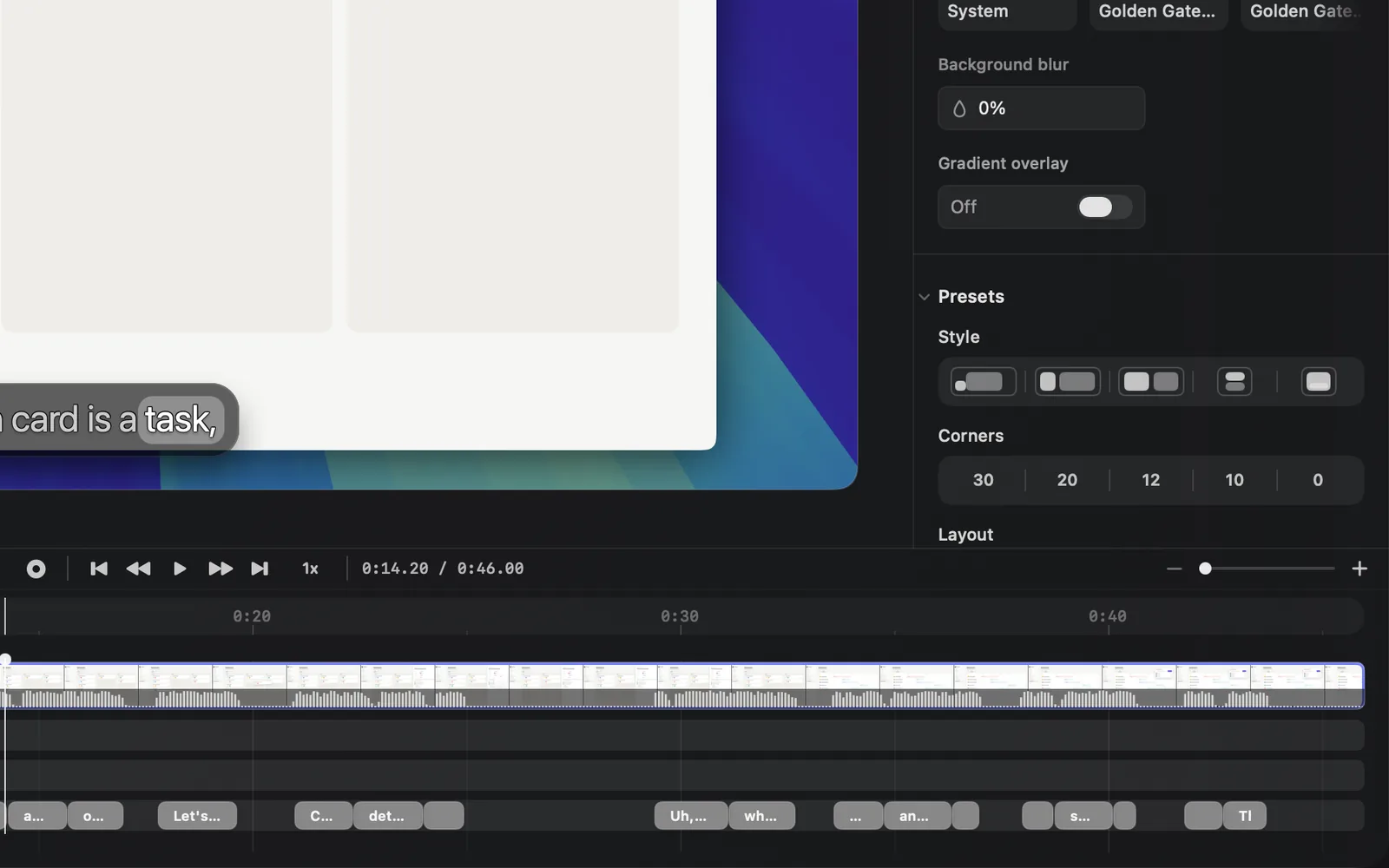 The timeline toolbar from Record to its right end: the playback buttons, 1x, the readout 0:14.20 / 0:46.00, and the zoom slider between − and +, above the lanes