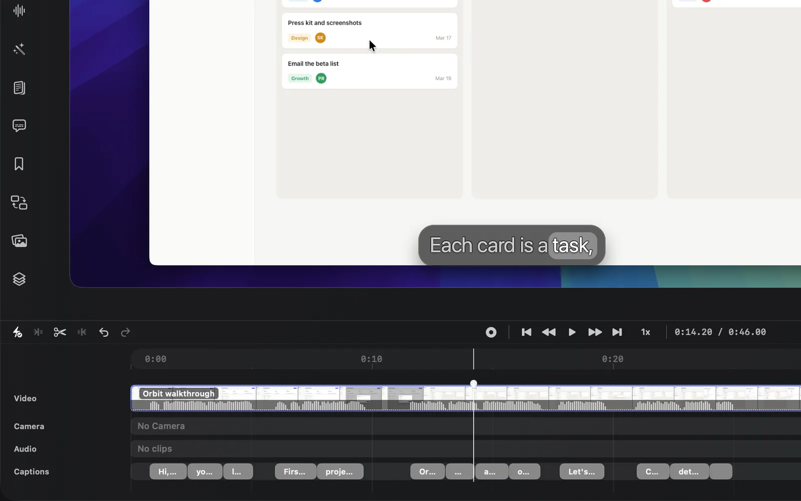The bottom of the DreamCut editor: the timeline toolbar above the Video, Camera, Audio and Captions lanes