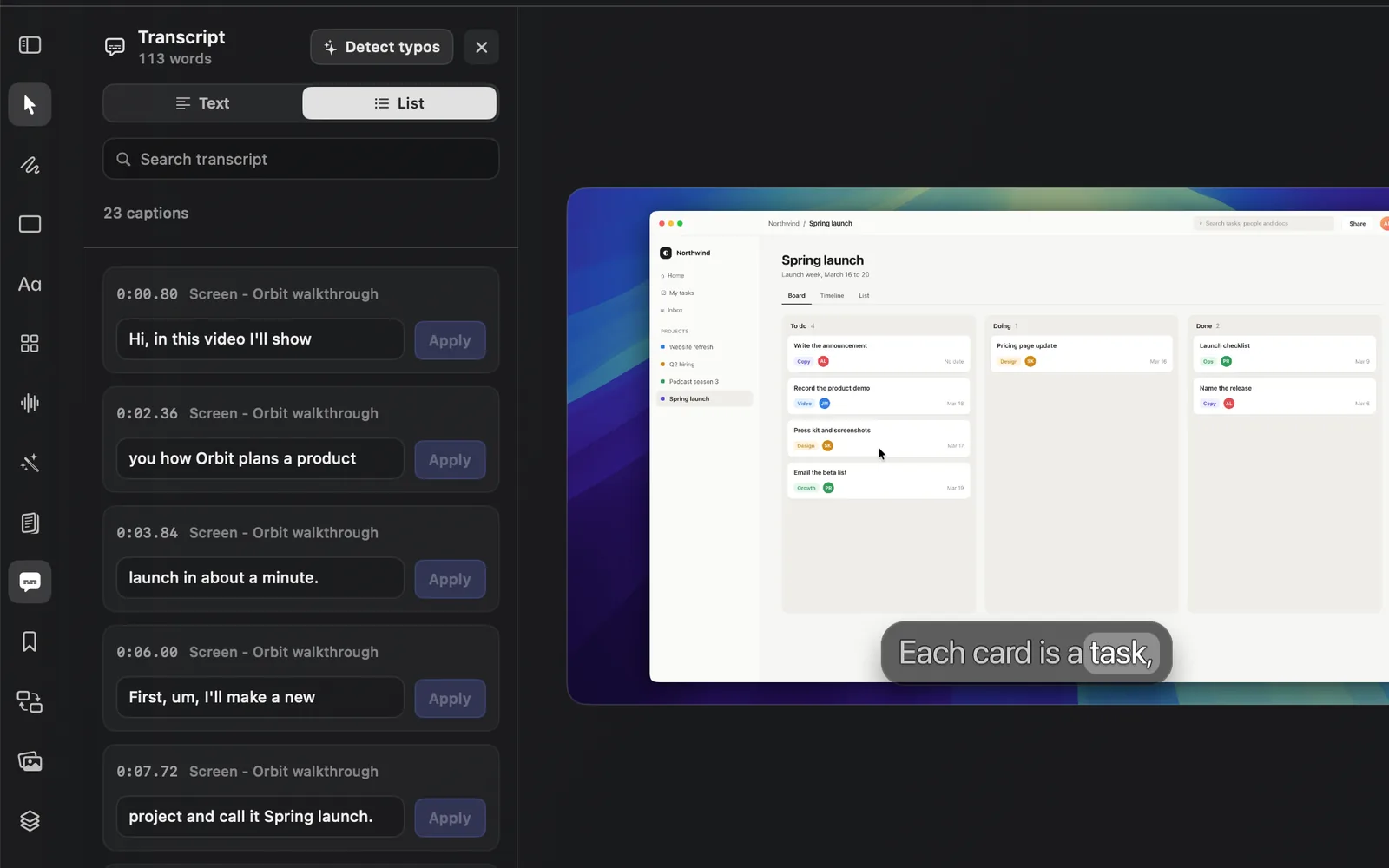 The List view with 23 captions, each with its start time, Screen - Orbit walkthrough, its text and an Apply button