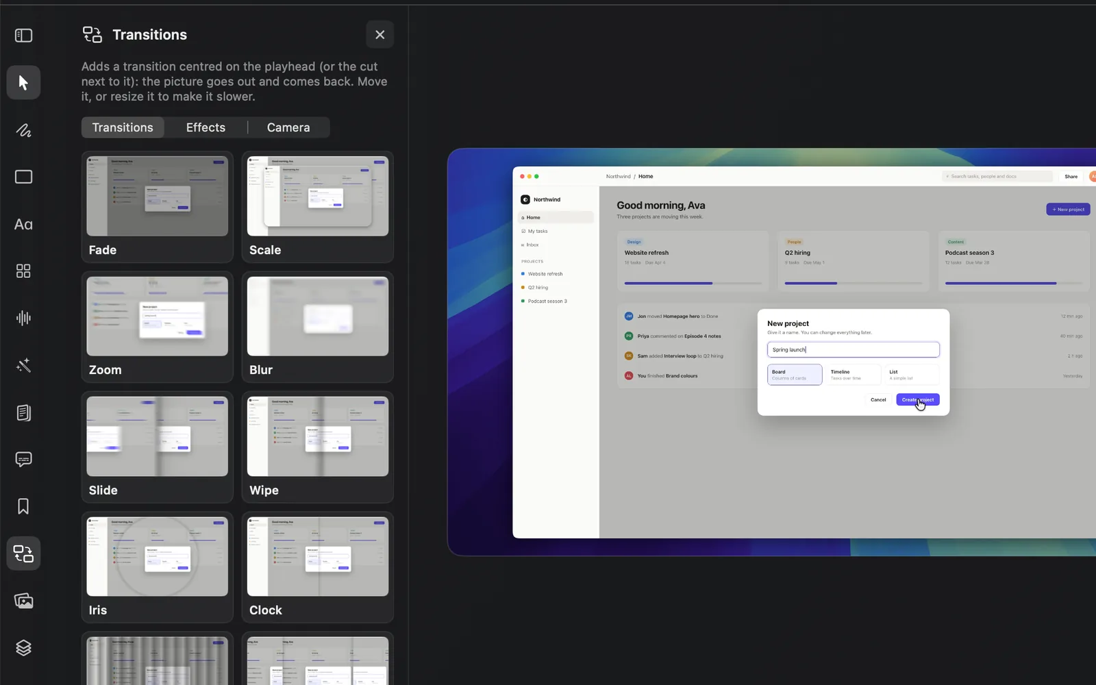 The Transitions panel with Transitions selected, showing cards for Fade, Scale, Zoom, Blur, Slide, Wipe, Iris and Clock, each drawn on a frame of the recording