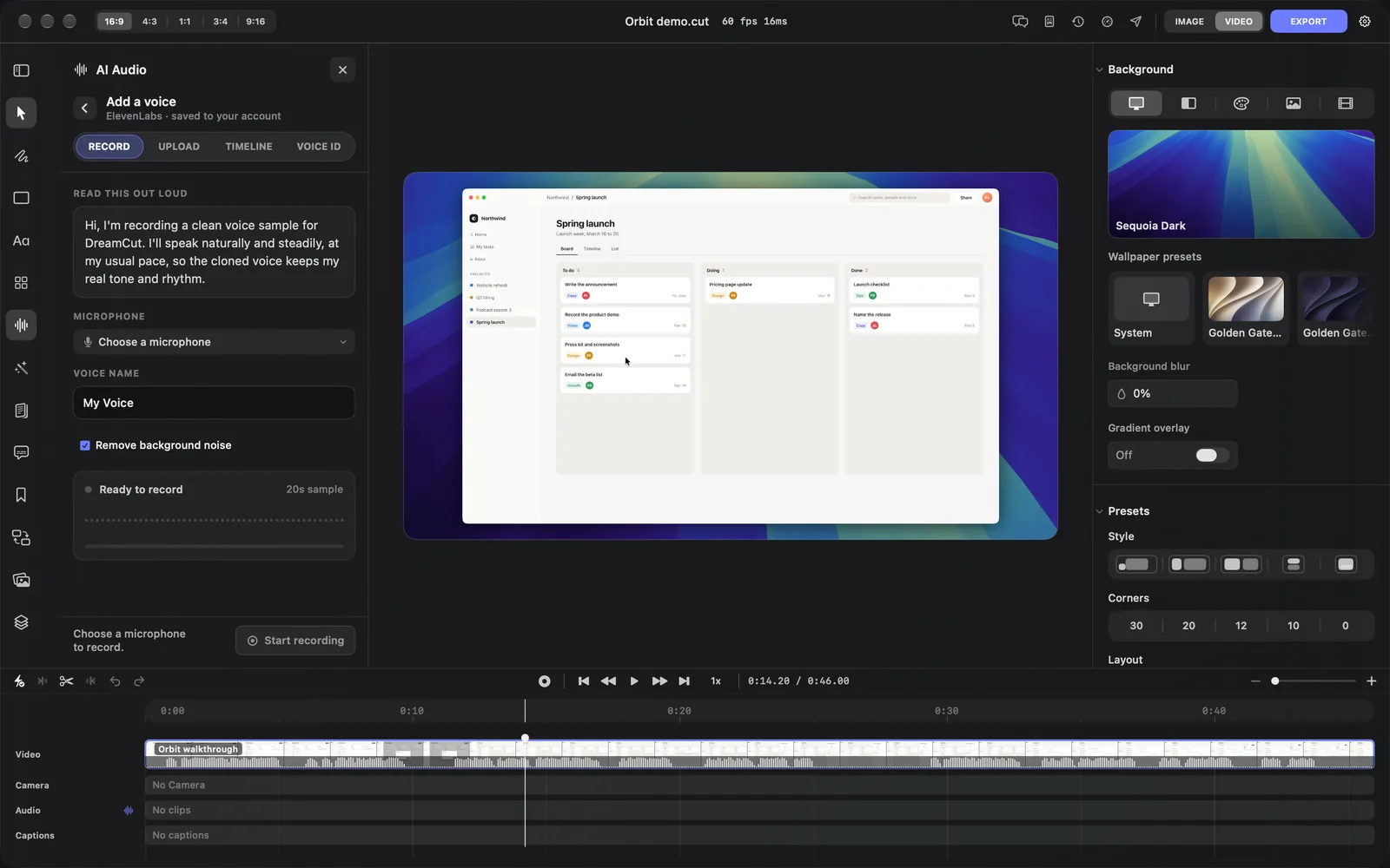 The Add a voice page for ElevenLabs on its RECORD tab: the passage under READ THIS OUT LOUD, the MICROPHONE menu reading Choose a microphone, My Voice under VOICE NAME, Remove background noise ticked, a Ready to record card for a 20s sample, and Start recording greyed out