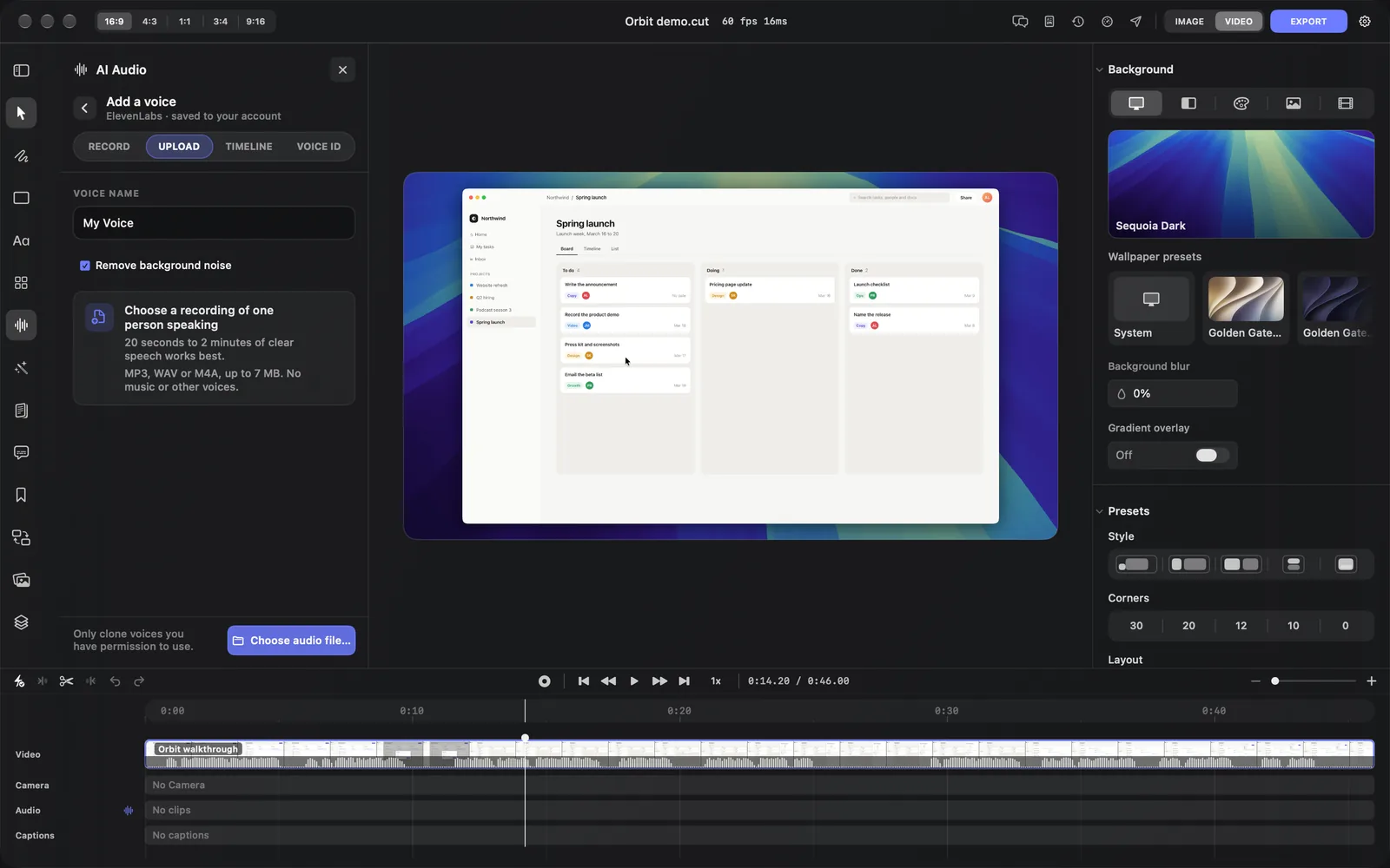 The UPLOAD tab of Add a voice: My Voice under VOICE NAME, Remove background noise ticked, a card that reads Choose a recording of one person speaking with its length, format and size limits, and the Choose audio file… button