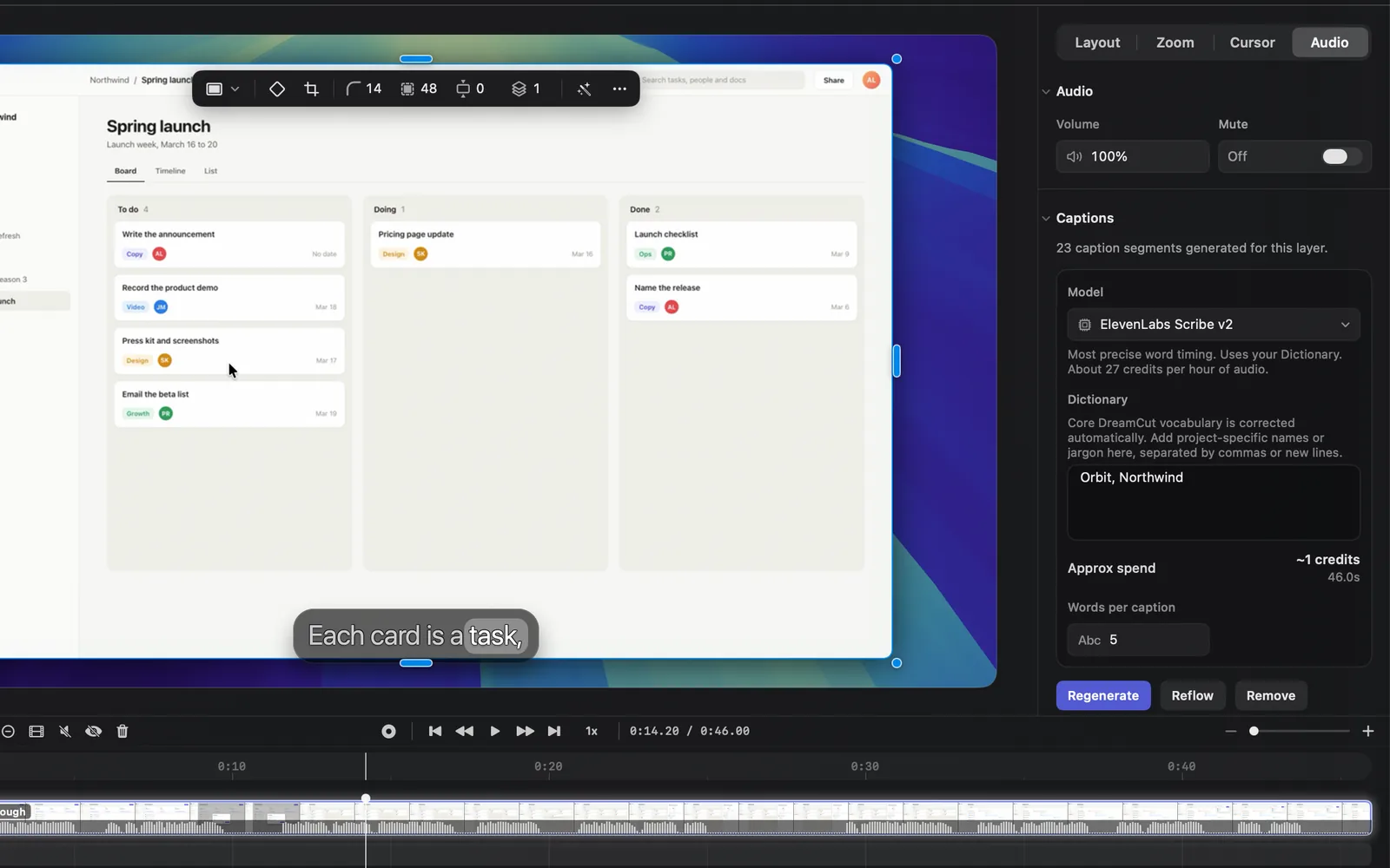 The screen recording selected on the canvas with the inspector's Audio tab open: Volume 100% and Mute Off at the top, then the Captions section, with Cleanvoice further down