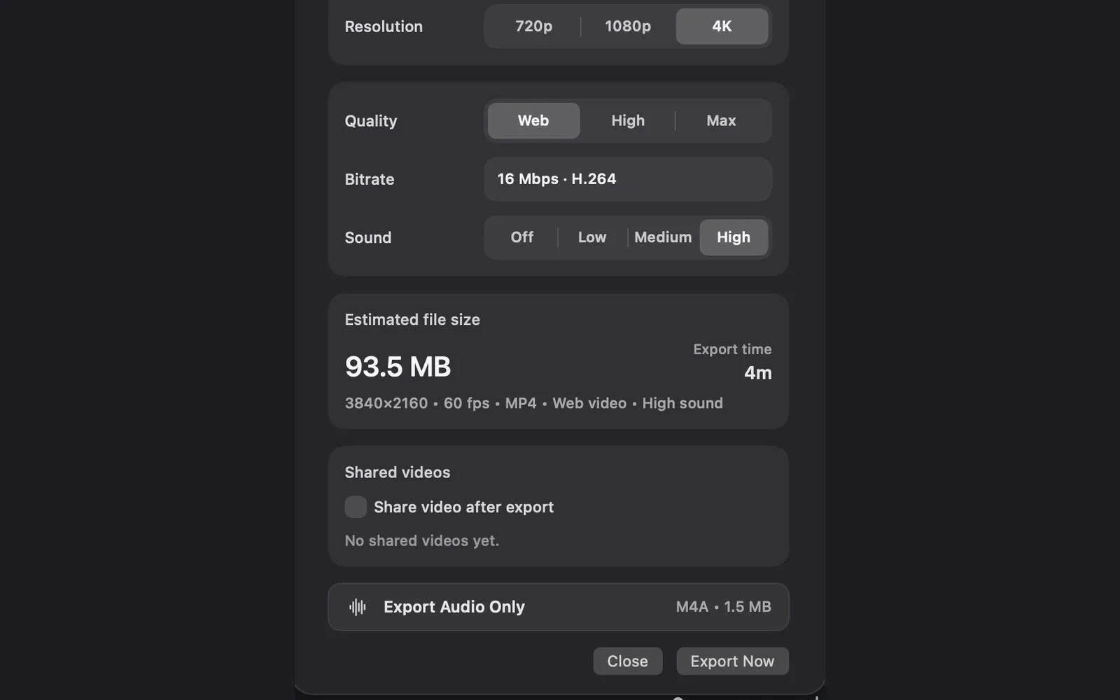 The lower half of Export Settings: Resolution 4K, Quality Web at 16 Mbps H.264, the Sound row with Off, Low, Medium and High (High picked), an estimated 93.5 MB for 3840×2160 at 60 fps with High sound, Export Audio Only reading M4A • 1.5 MB, and the Close and Export Now buttons