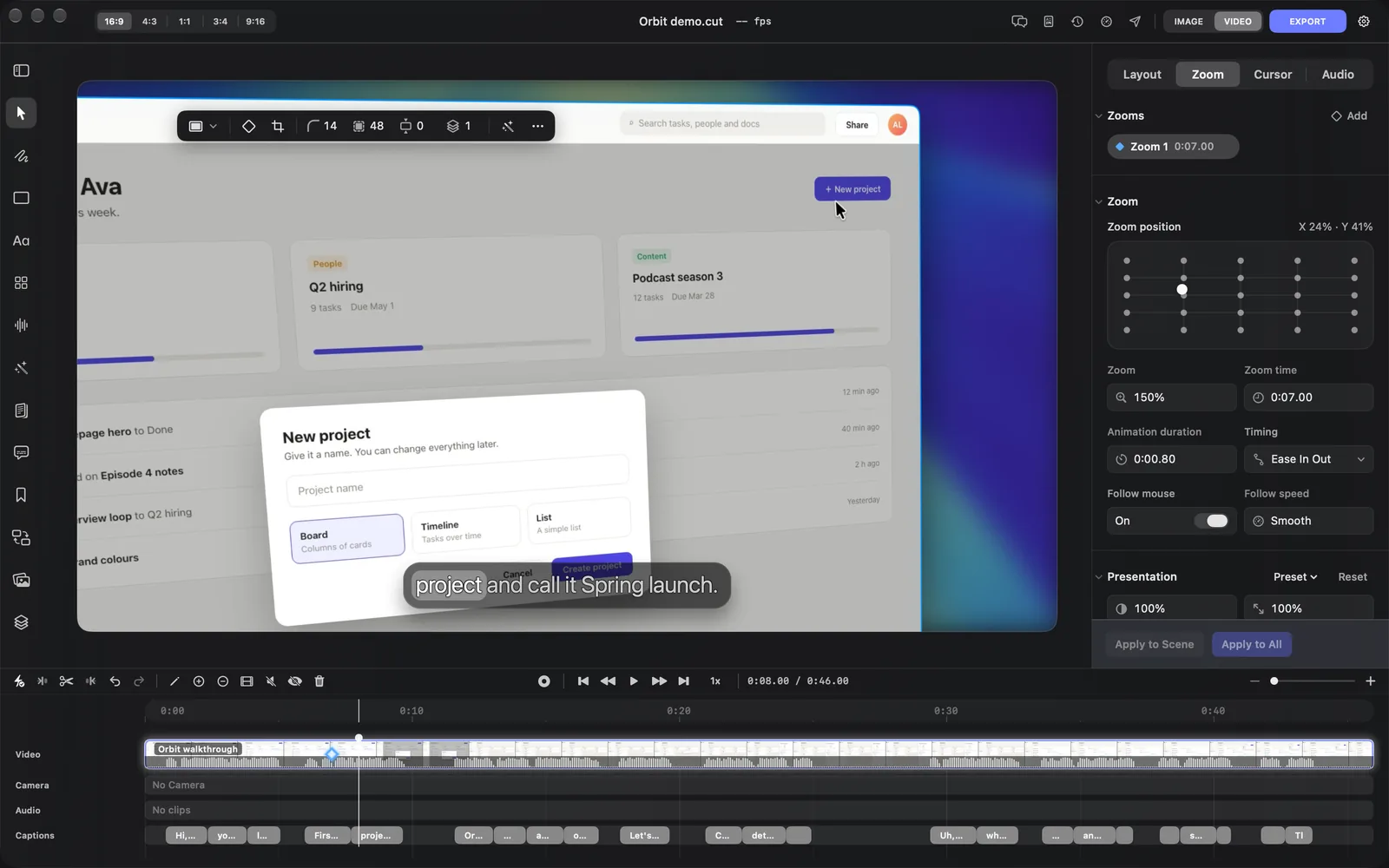 A zoom with the Hero Left preset: the recording zoomed to 150% and turned in 3D, with the Zoom tab's Presentation section below the zoom's settings