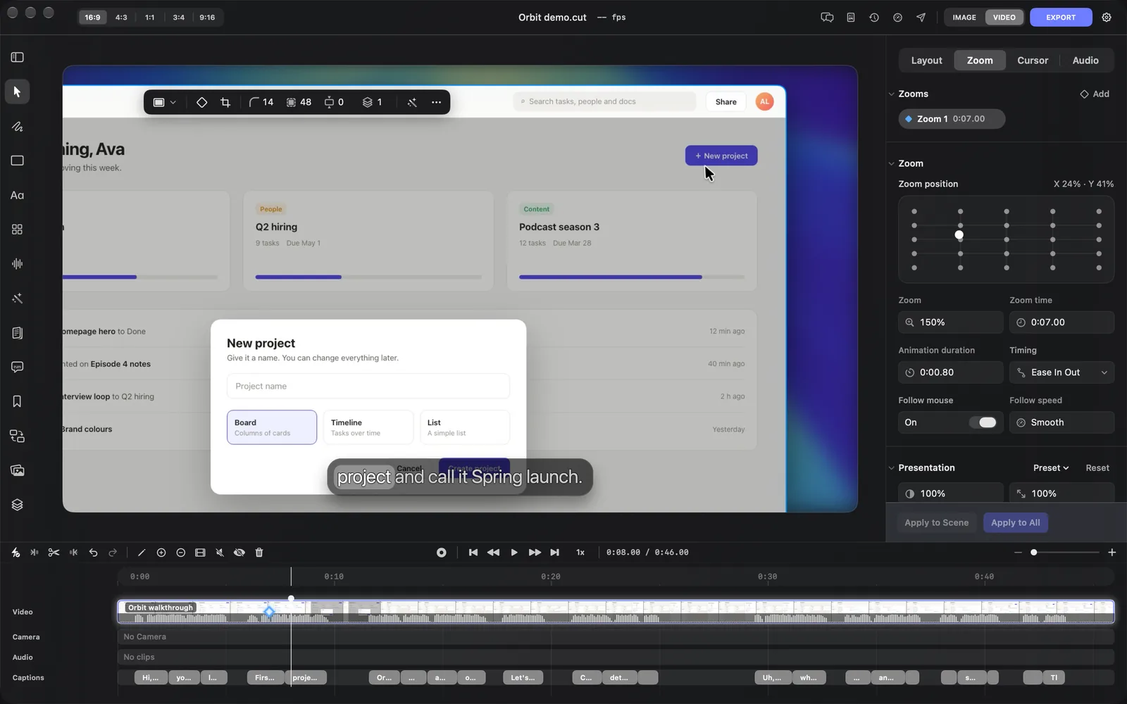 The Zoom tab with Zoom 1 at 0:07.00 selected, showing the Zoom position grid at X 24% and Y 41%, Zoom 150%, Zoom time 0:07.00, Animation duration 0:00.80, Timing Ease In Out, Follow mouse On and Follow speed Smooth