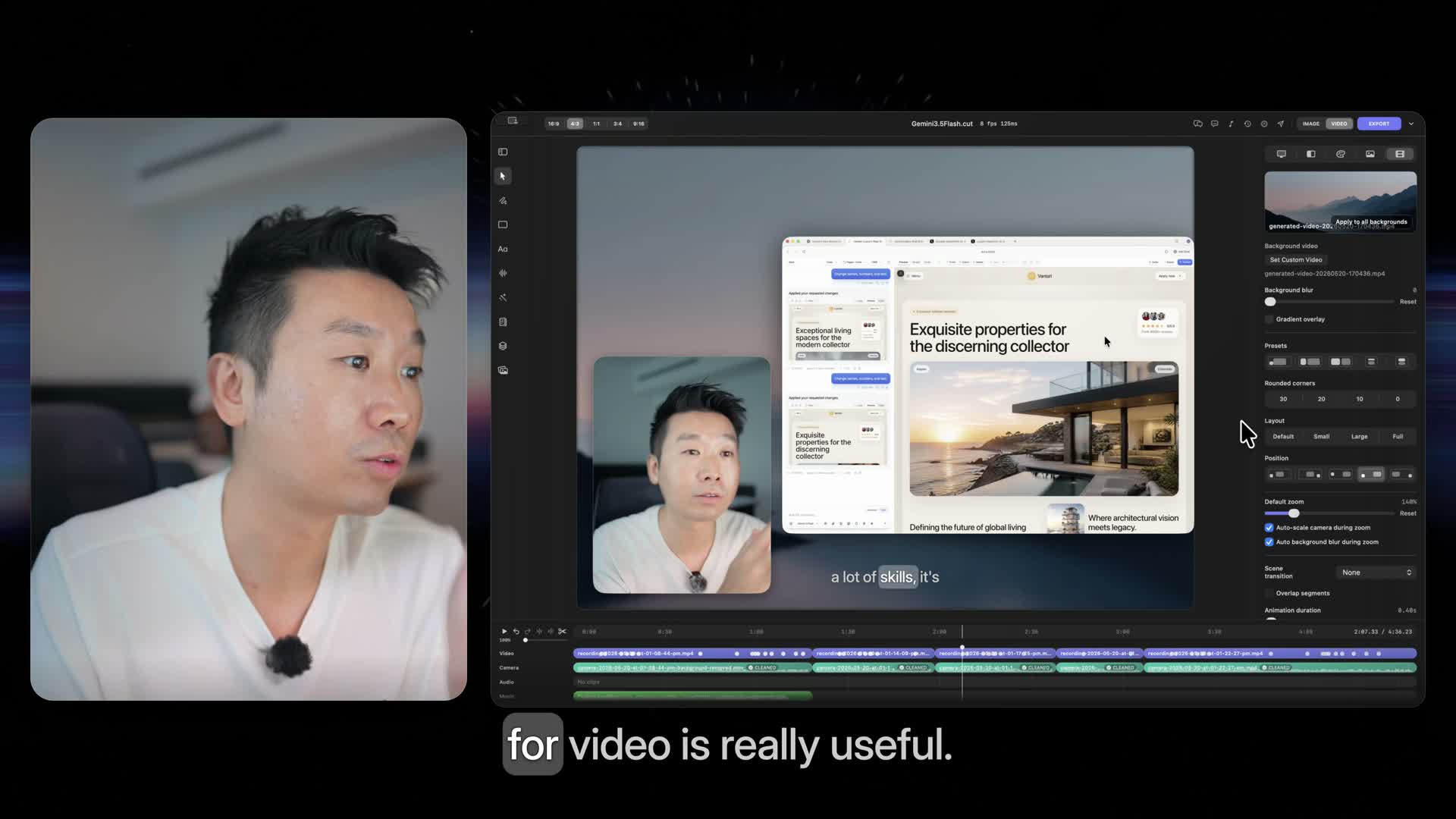 DreamCut editor with a camera layer over a screen recording.