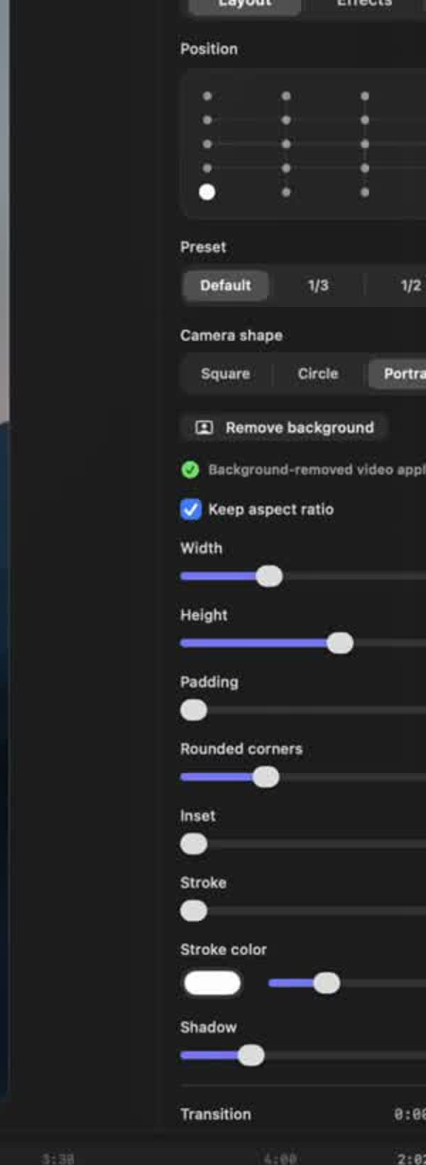DreamCut camera layout controls after background removal.