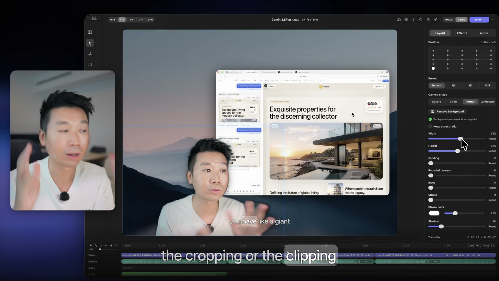 Adjusting width and height for the background-removed camera layer.