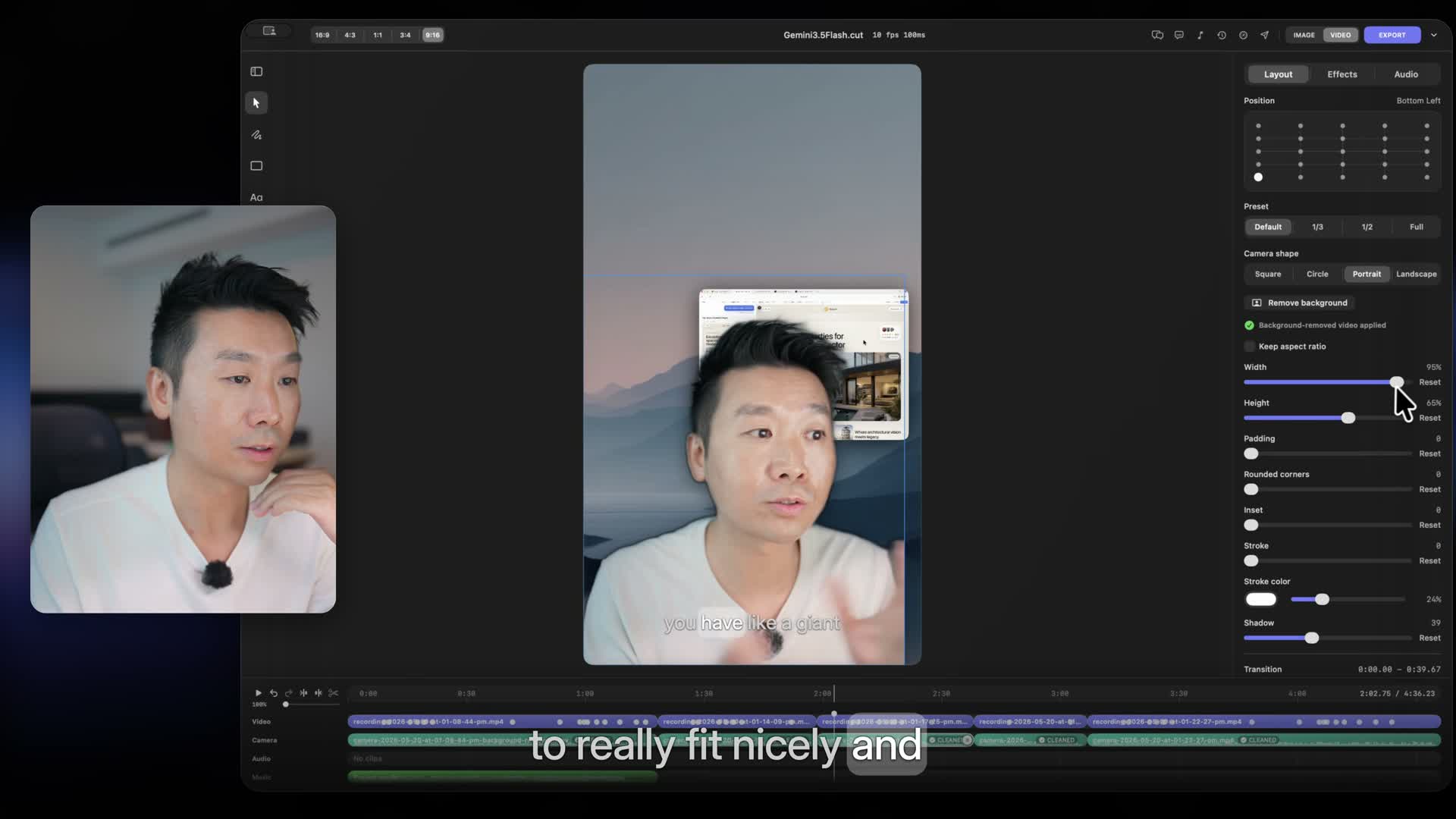 DreamCut 9:16 tutorial composition with a background-removed speaker.