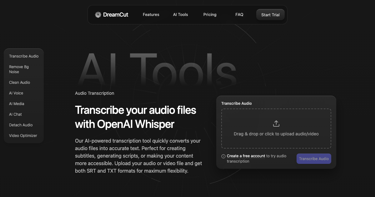 AI Video Tools - Transcribe, Clean Audio, Voice, Images, and Chat
